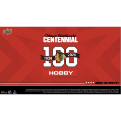 Boite 2025-26 de 135 cartes du centenaire des Blackhawks de Chicago (Tin hobby) d'Upper Deck.